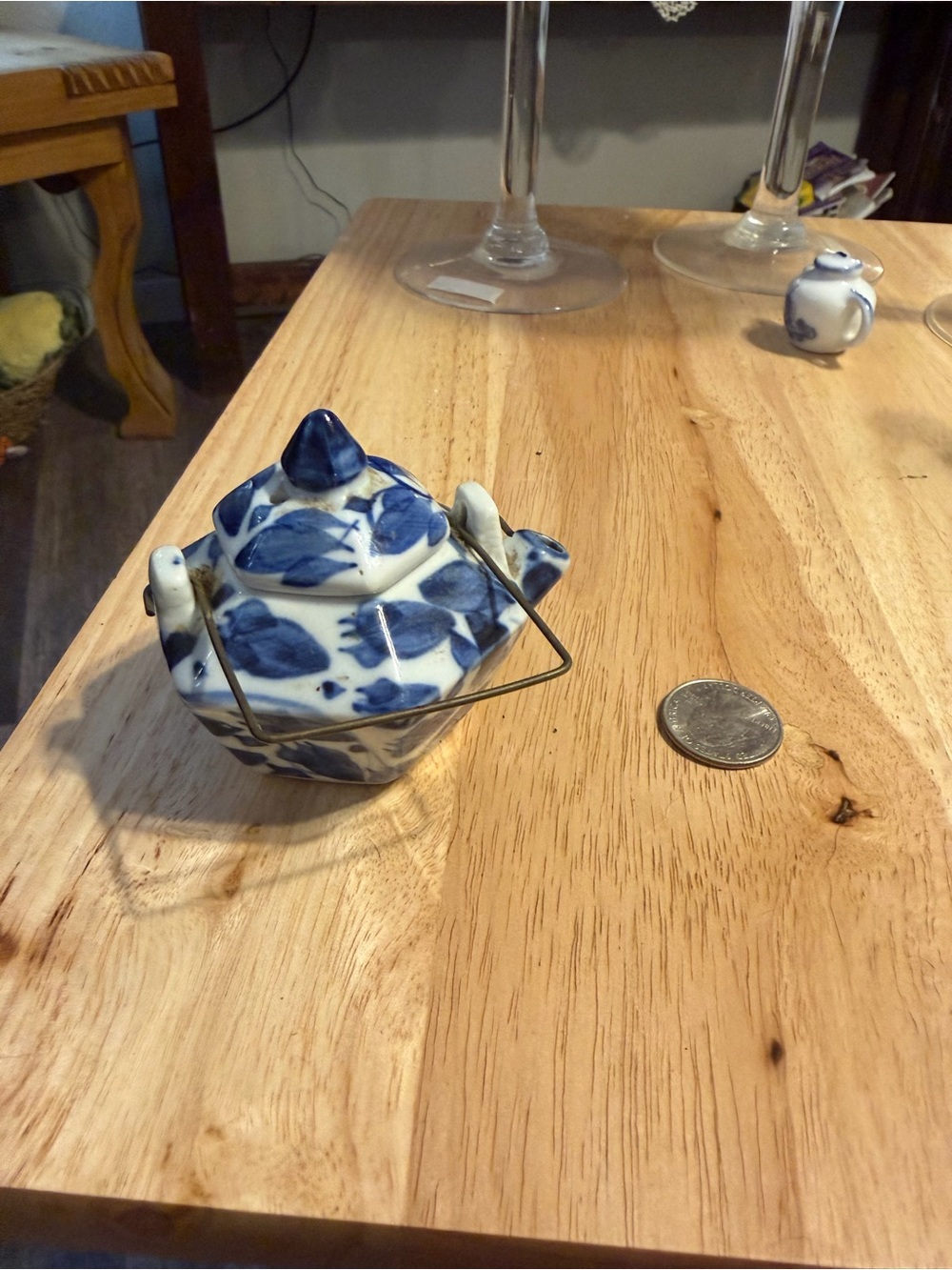 Pier 1 Blue and White Porcelain Mini Teapot with Metal Bail